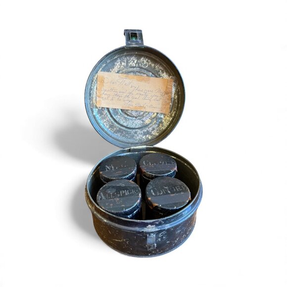 Primitive Antique 1800s Round Spice Tin with 4 Canisters - Picture 3 of 17